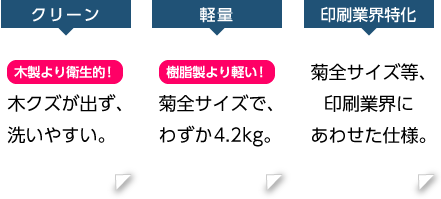 菊全サイズで、わずか4.2kg。木クズが出ず、洗いやすい。菊全サイズ等、印刷業界にあわせた仕様。